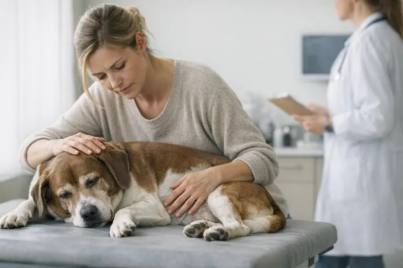 Harnwegsprobleme Hund Notfall Ein Hund mit Harnwegsproblemen zeigt Anzeichen von Schmerzen und Unbehagen.
