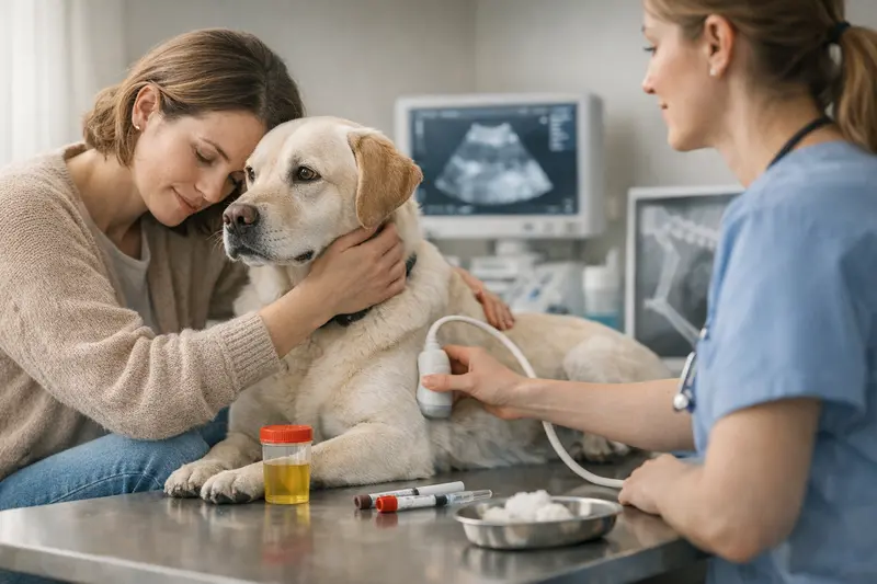 Tierarzt untersucht Hund auf Blasenentzündung und Harnsteine.