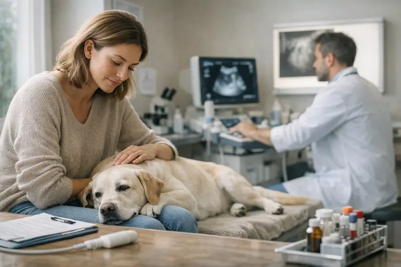 Hund bei Tierarztuntersuchung Ein Hund bei einer tierärztlichen Untersuchung zur Diagnose von Harnwegsproblemen.