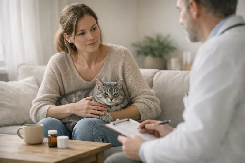 Katzenversicherung: Wartezeiten und Vorerkrankungen Eine Katze beim Tierarzt, die auf gesundheitliche Probleme untersucht wird, symbolisiert die Bedeutung von Wartezeiten und Vorerkrankungen bei Katzenversicherungen.
