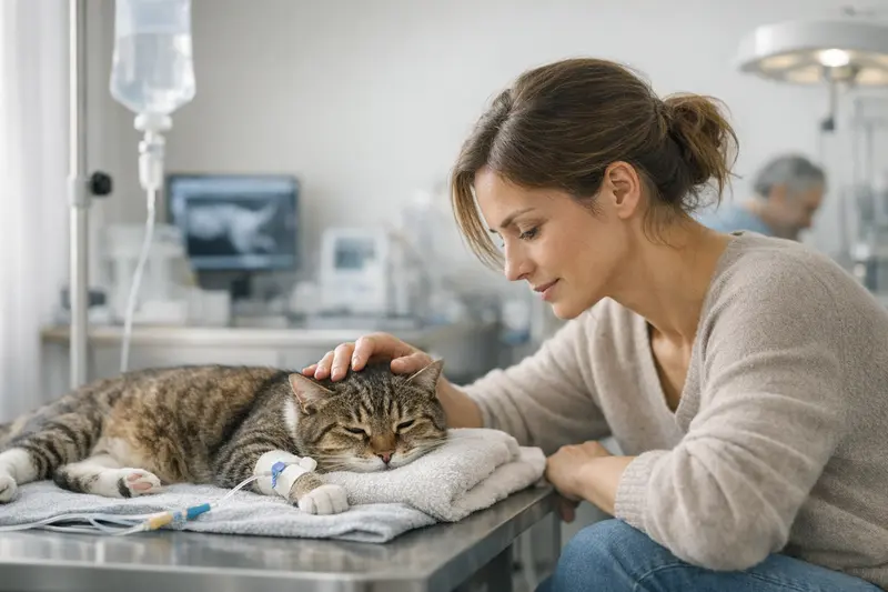 Eine Katze beim Tierarzt, die eine Notfallbehandlung erhält.