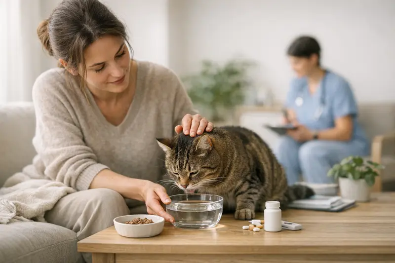 Katze trinkt Wasser zur Vorbeugung von Rückfällen Eine Katze trinkt aus einem Wassernapf, um Rückfälle bei Harnwegsproblemen zu vermeiden.