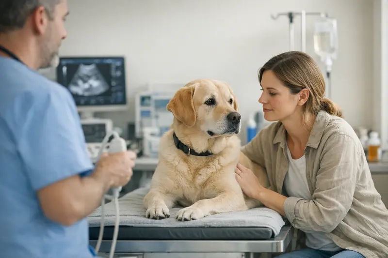 Ein Hund wird in einer Tierarztpraxis im Ausland untersucht, was häufige Kosten wie Diagnostik und Medikamente verdeutlicht.