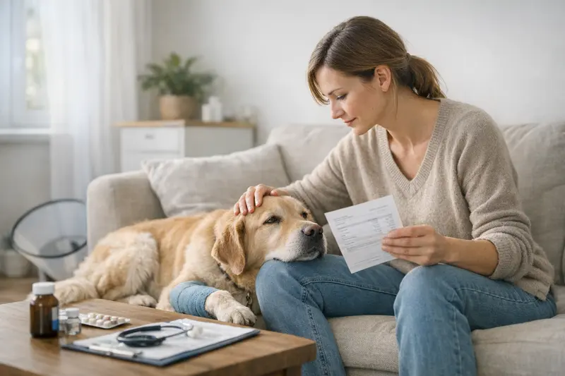 Entscheidung zur Krankenversicherung für Haustiere Eine besorgte Hundebesitzerin in der Tierarztpraxis, die über die Krankenversicherung für ihren Hund nachdenkt.
