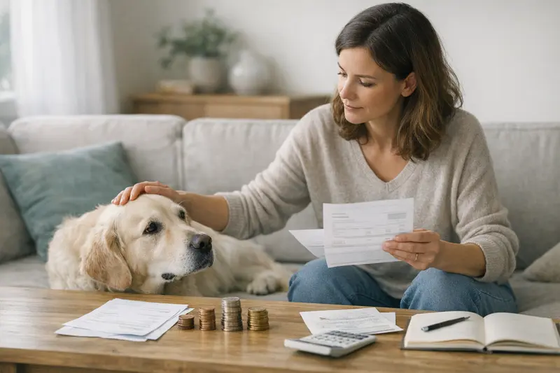 Selbstbeteiligung in der Tierkrankenversicherung Ein Hund und eine Katze stehen nebeneinander, während ein Tierarzt eine Rechnung erklärt, um die Auswirkungen der Selbstbeteiligung auf die Krankenversicherungsbeiträge zu verdeutlichen.