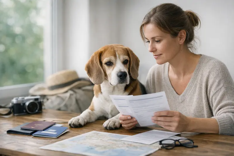 Tierarztbesuch vor der Reise mit dem Hund Ein Hund mit Reisepass und einem Tierarzt im Hintergrund, der die Reisevorbereitungen prüft