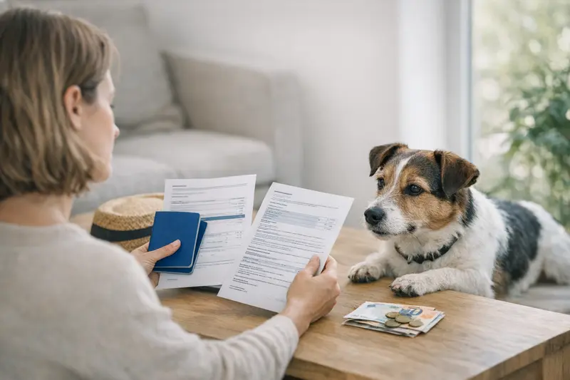 Ein Hund mit einem Reisepass und einer Reisetasche, symbolisiert die Bedeutung von Versicherungsvergleichen vor Reisen.