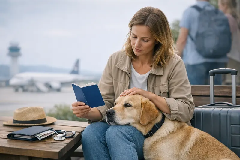 Haustierausweis für Reisen Hund mit Reiseausweis in der Hand einer Person während der Kontrolle an einer Grenze.