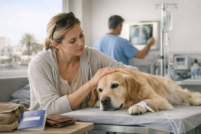 Tierarztkosten im Ausland Ein Hund und eine Katze mit einem Tierarzt im Ausland, der die Behandlungskosten bespricht.