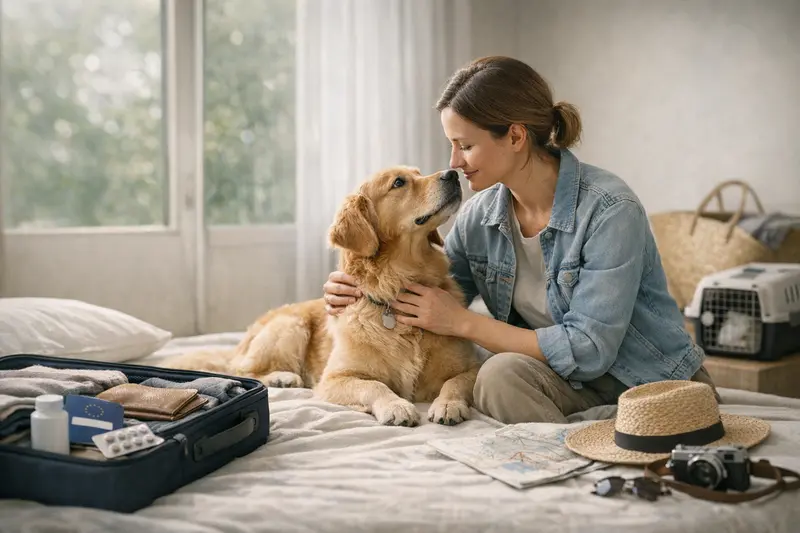 Wichtige Aspekte bei Tierreiseversicherungen Eine Familie mit Haustieren plant ihre nächste Reise und berücksichtigt dabei wichtige Aspekte der Tierversicherung.