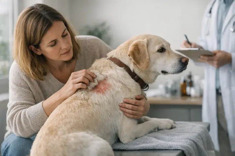 Tierarztbesuch bei Hautproblemen Ein Hundebesitzer bespricht mit einem Tierarzt Hautprobleme seines Hundes und die möglichen Versicherungsschutzoptionen.