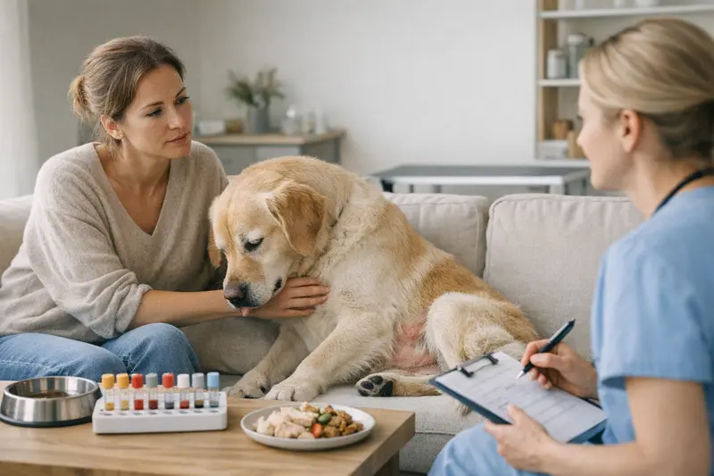 Tierarzt Allergietest Hund Tierarzt untersucht Hund auf Allergien und Hautprobleme zur Absicherung von Tierarztkosten.