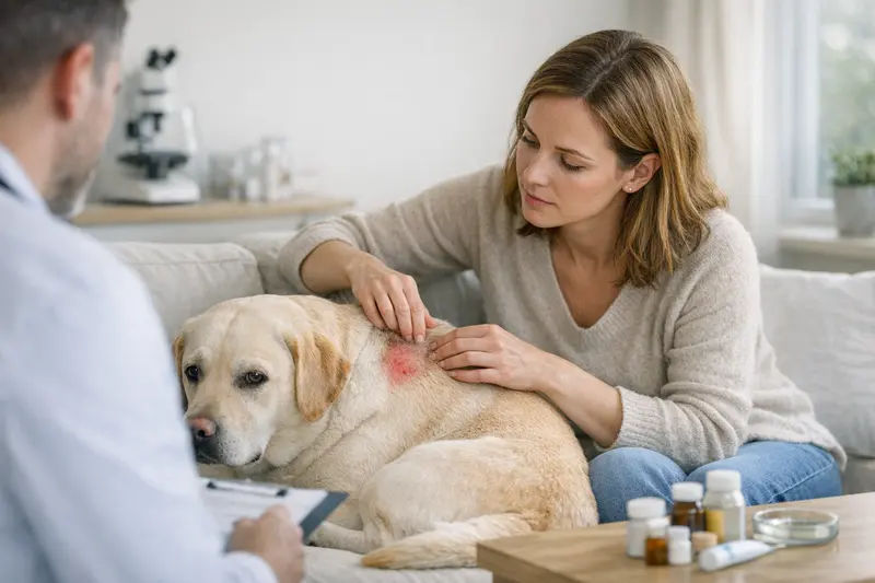 Tierarzt untersucht Hund auf Hautprobleme, die oft hohe Kosten verursachen können.