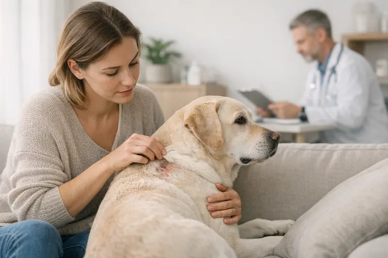 Tierarztbesuch bei Hautproblemen Hund mit Hautproblemen beim Tierarzt zur Gesundheitsprüfung