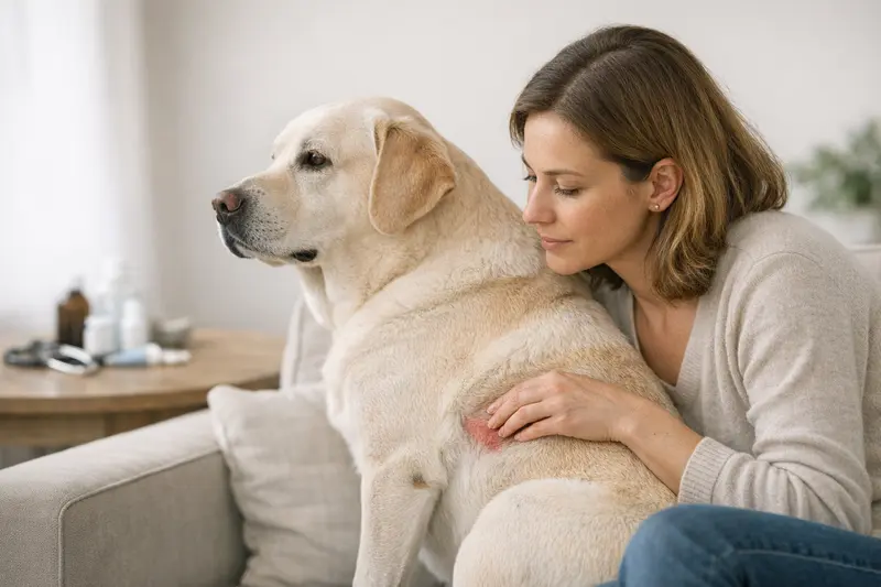 Tierarztkosten Hautprobleme Hund Hundehalterin informiert sich über Tierarztkosten für Hautprobleme und Selbstbeteiligung.