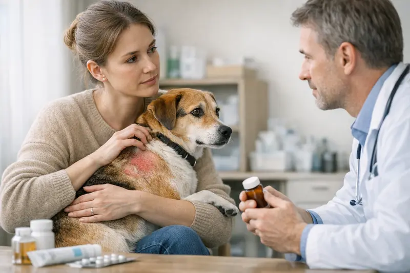 Hund beim Tierarzt mit Hautproblemen Ein Hund beim Tierarzt zur Untersuchung von Hautproblemen.