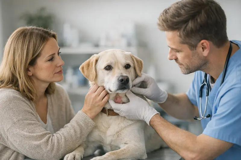 Hautprobleme Hund Tierarztbesuch Hund beim Tierarzt mit Hautproblemen wird untersucht.