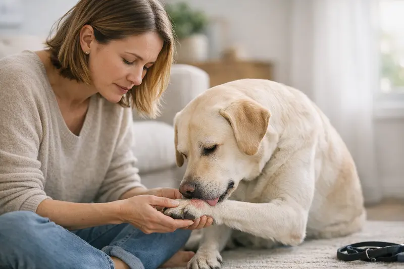 Juckreiz beim Hund - Wann zum Tierarzt? Ein Hund mit Juckreiz, der sich an der Pfote leckt und dabei unruhig wirkt.