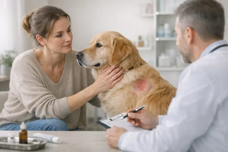 Hautprobleme Hund Tierarzt Ein Hund beim Tierarzt, um Hautprobleme zu untersuchen und behandeln zu lassen.