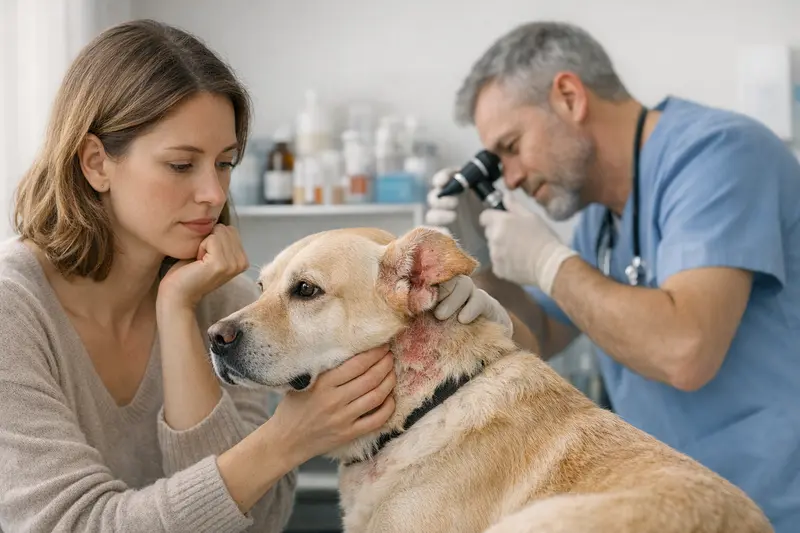 Tierarztuntersuchung Hund bei Hautproblemen Ein Hund wird vom Tierarzt aufgrund von Hautproblemen untersucht.