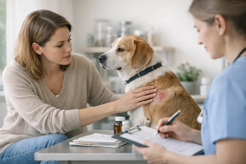 Tierarztbesuch Hund Hautprobleme Ein Hund beim Tierarzt zur Untersuchung wegen Hautproblemen