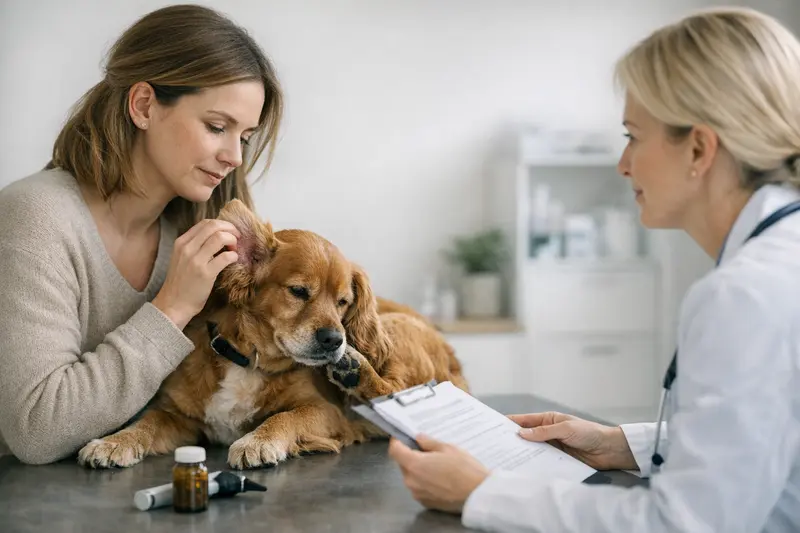 Gesundheitsuntersuchung für Hunde Hund mit juckendem Ohr, vor dem Tierarzt für eine Gesundheitsuntersuchung
