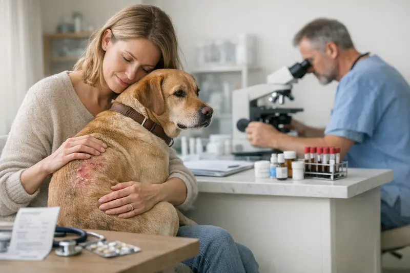 Tierarztkosten bei Hautproblemen Ein Hund mit Hautproblemen in einer tierärztlichen Untersuchung.