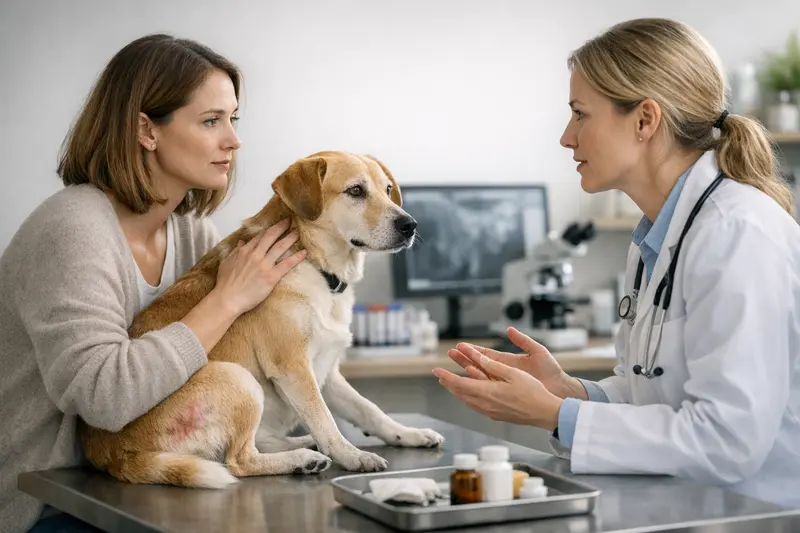 Hautprobleme beim Hund - Tierarztbesuch Hund mit Hautproblemen bei einem Tierarztbesuch zur Untersuchung von Allergien und Juckreiz.