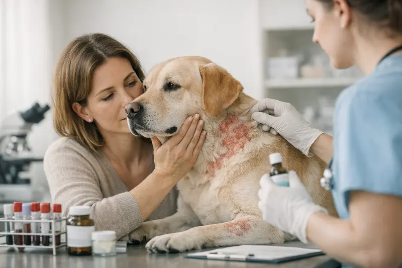 Tierarztbesuch bei Hautproblemen Ein Hund wird beim Tierarzt auf Hautprobleme untersucht, um die besten Behandlungsmöglichkeiten zu finden.