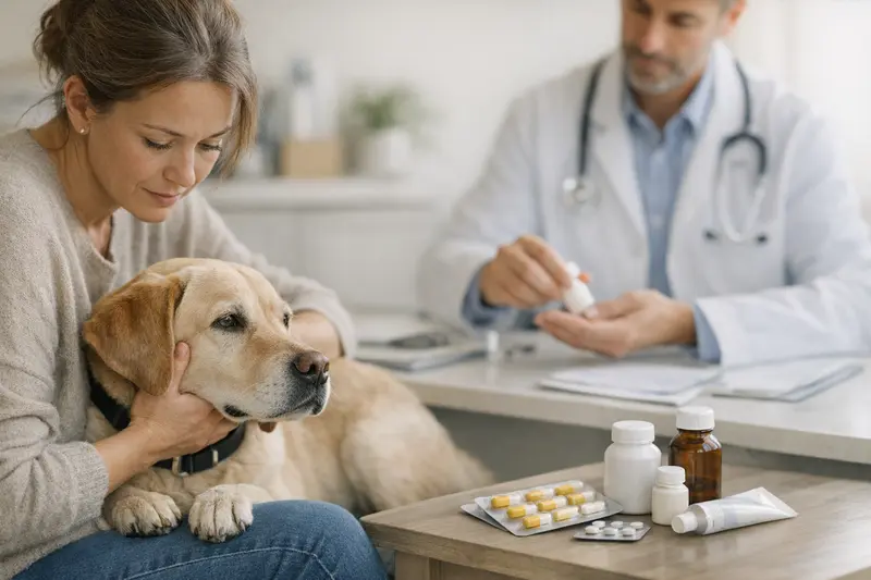 Hunde Tierarzt Hautprobleme Behandlung Tierarzt untersucht einen Hund mit Hautproblemen und gibt Anweisungen zur Behandlung und Medikation.