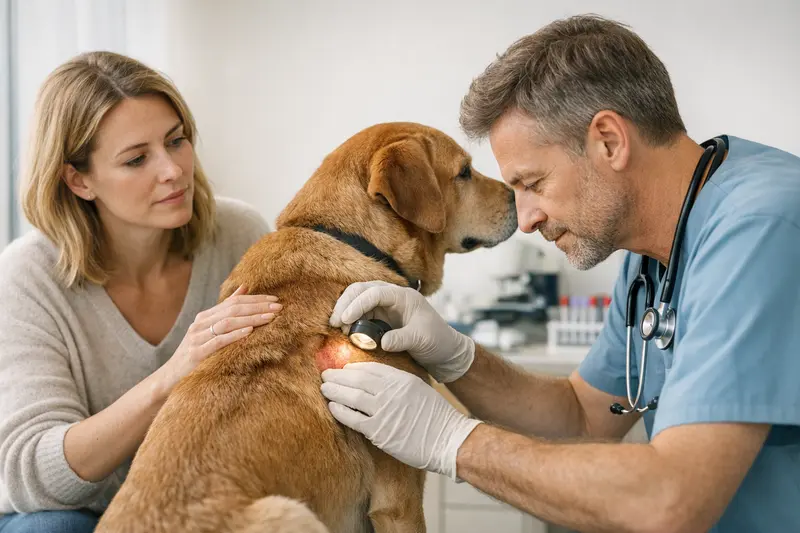 Tierarztuntersuchung bei Hund mit Hautproblemen Ein Hund wird von einem Tierarzt untersucht, um Hautprobleme zu diagnostizieren.