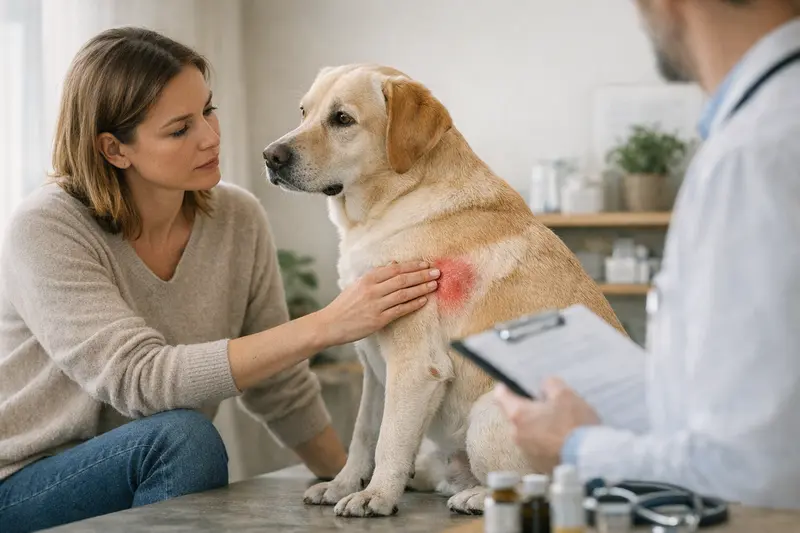 Hautprobleme Hund Tierarzt Hund mit Hautsymptomen beim Tierarzt zur Untersuchung