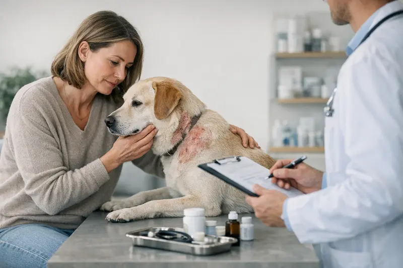 Ein Hund beim Tierarzt zur Untersuchung wiederkehrender Hautprobleme.
