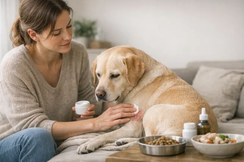 Ein Hund erhält Spezialpflege und eine tierärztliche Beratung für spezielles Diätfutter.