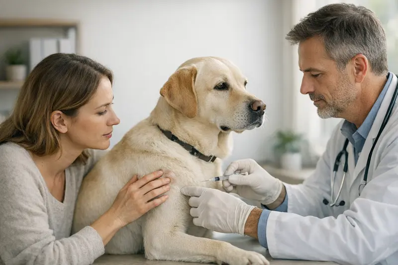 Tierärztliche Untersuchung eines Hundes mit Hautknoten Ein Hund mit einer tierärztlichen Untersuchung eines Hautknotens zur Abklärung von möglichen Tumoren.