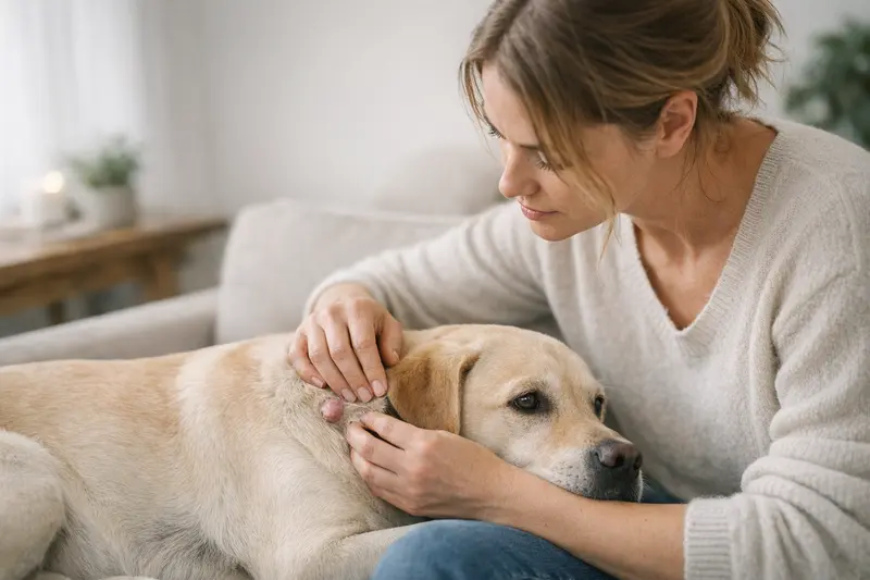 Tierarztuntersuchung bei Hautknoten bei Hunden Ein gesunder Hund mit Hautproblemen wird vom Tierarzt untersucht.