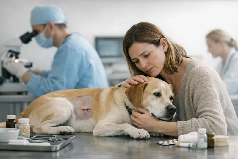 Hund beim Tierarzt zur Hauttumoruntersuchung Ein Hund beim Tierarzt, der auf Hauttumoren untersucht wird, um die Behandlungskosten zu klären.