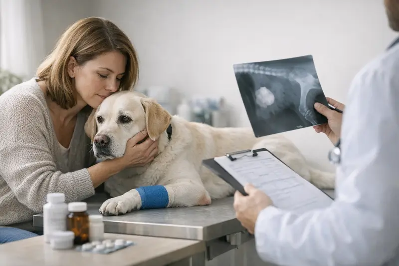 Ein Hund beim Tierarzt, der für seine Behandlung vorbereitet wird, um finanzielle Überraschungen zu vermeiden.