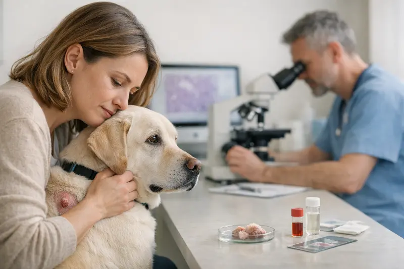 Hund bei der tierärztlichen Untersuchung zur Diagnostik und Histologie.