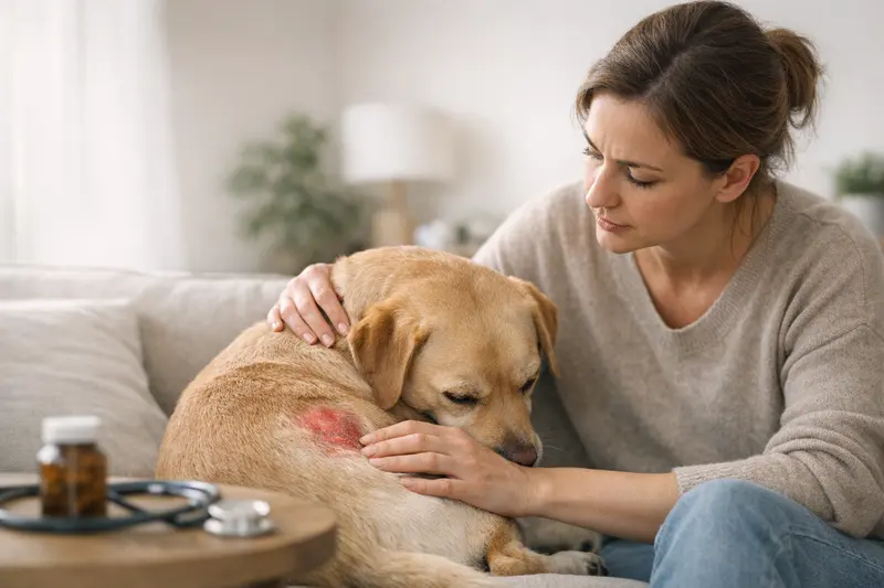 Ein Hund mit Hautproblemen zeigt auffällige Rötungen und Juckreiz.