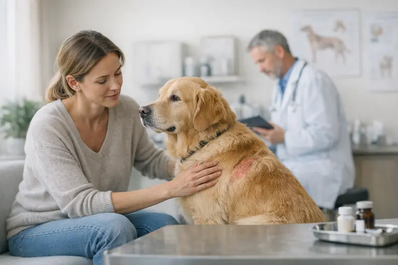Tierarztuntersuchung Hautveränderungen Hund Ein Tierarzt untersucht einen Hund mit Hautveränderungen in einer modernen Tierarztpraxis.