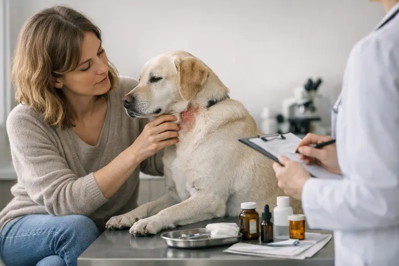 Ein Hund beim Tierarzt, der wegen Hautveränderungen untersucht wird.