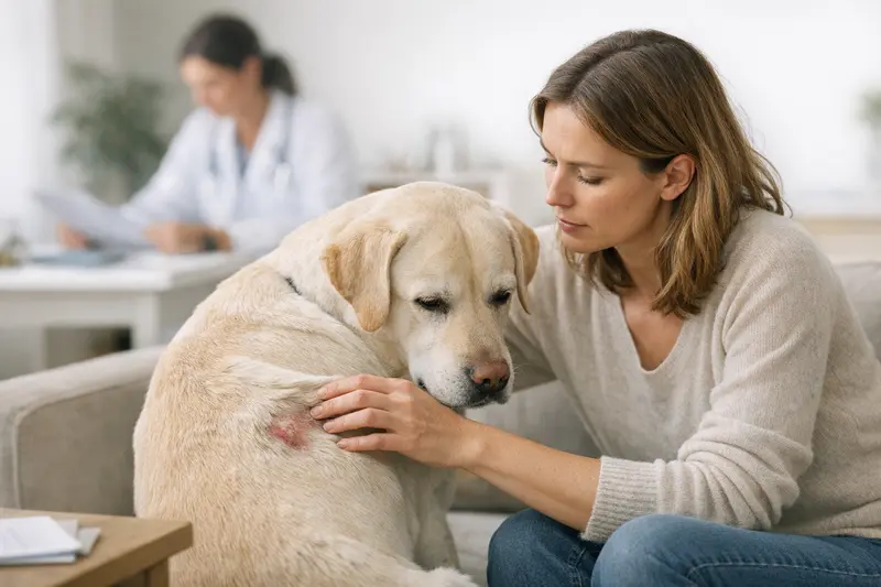 Tierarztbesuch bei Hautproblemen des Hundes Hund mit Hautproblemen beim Tierarzt für eine gründliche Untersuchung