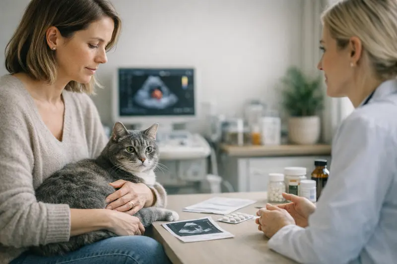Eine besorgte Katzenhalterin bespricht die Gesundheitsvorsorge ihrer Katze mit dem Tierarzt.