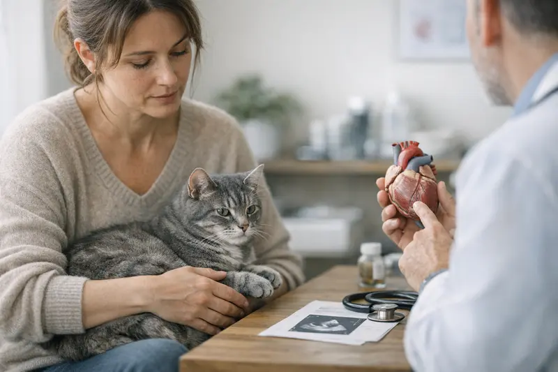 Eine Katze lässt sich beim Tierarzt untersuchen, um mögliche HCM zu überprüfen.