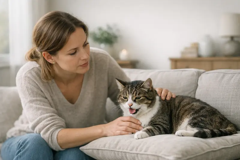 Eine Katze mit auffälliger Atmung zeigt Anzeichen für ein mögliches Herzproblem.