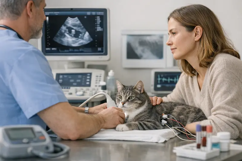 Ein Tierarzt untersucht eine Katze auf HCM-Verdacht mit verschiedenen diagnostischen Methoden.