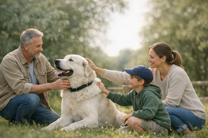 Betreuung von Hunden durch Dritte Ein Hund wird von einem Familienmitglied im Park betreut und zeigt eine freundliche Interaktion.