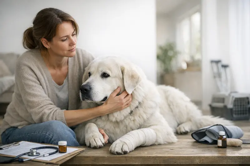 Wichtige Tarifpunkte bei der Hundeversicherung Eine Hundebesitzerin bespricht mit einem Tierarzt wichtige Tarifpunkte einer Hundeversicherung.