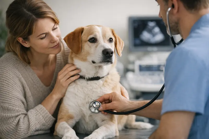 Ein Hund wird von einem Tierarzt auf Herzgeräusche untersucht.